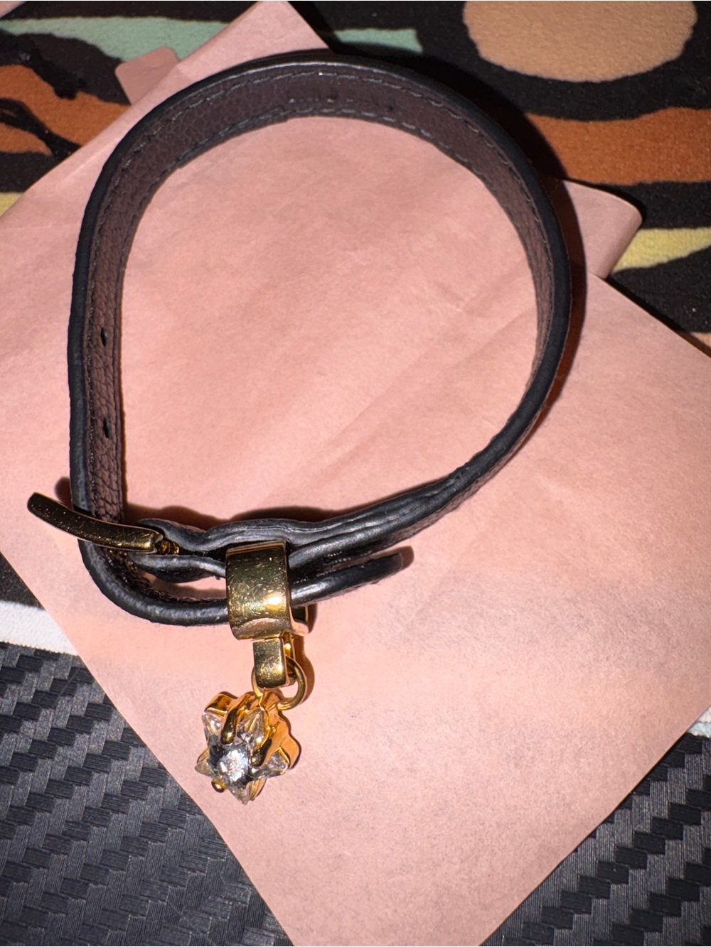 Miu Miu Black Leather Double-Wrap Bracelet with Gold Flower Charm
